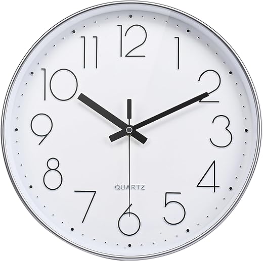 Wall Clock Modern Design, Silent Non-Ticking Battery Operated Clocks for Kitchen, Classroom (10 Inch, Silver)