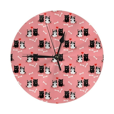 Wall Clock Pink Cute Couple Cats Love Bones Wall Clocks Battery Operated, Modern Wall Clock for Bedroom, Classroom, Living Room, Office, Home Decor