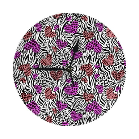 Wall Clock, purple hearts zebra leopard Wall Clocks Battery Operated Silent Kitchen Office Wall Clock Decorative, Wall Clock for School Classroom Living Room Bedroom Home Decor