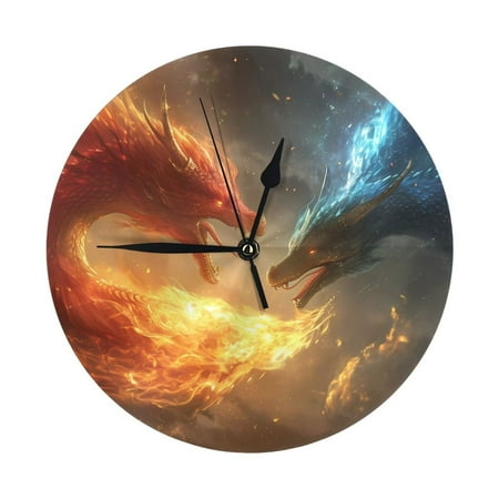 Wall Clock, Red and Blue Fire Dragon B Wall Clocks Battery Operated Silent Kitchen Office Wall Clock Decorative, Wall Clock for School Classroom Living Room Bedroom Home Decor