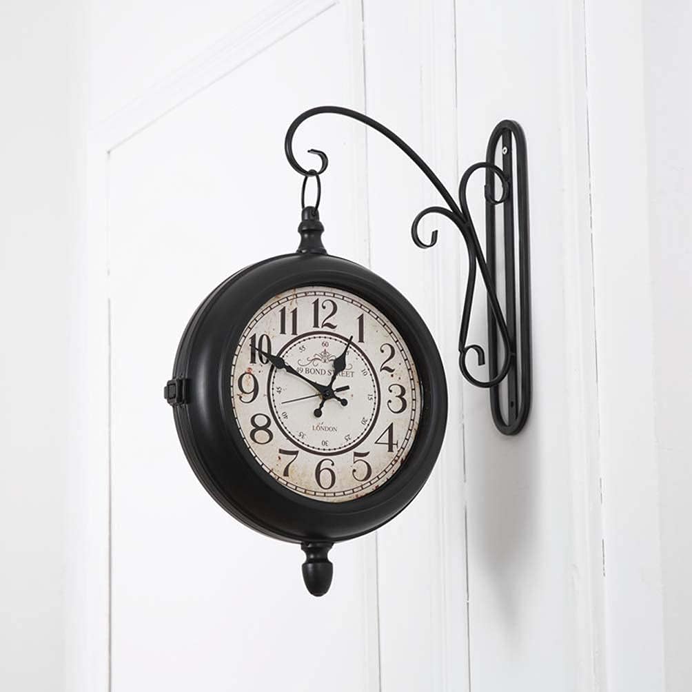 Wall Clock Retro Wrought Iron Double-Sided Station Clock 19.69 Inch Living Room Mute Wall Hanging Watch Black