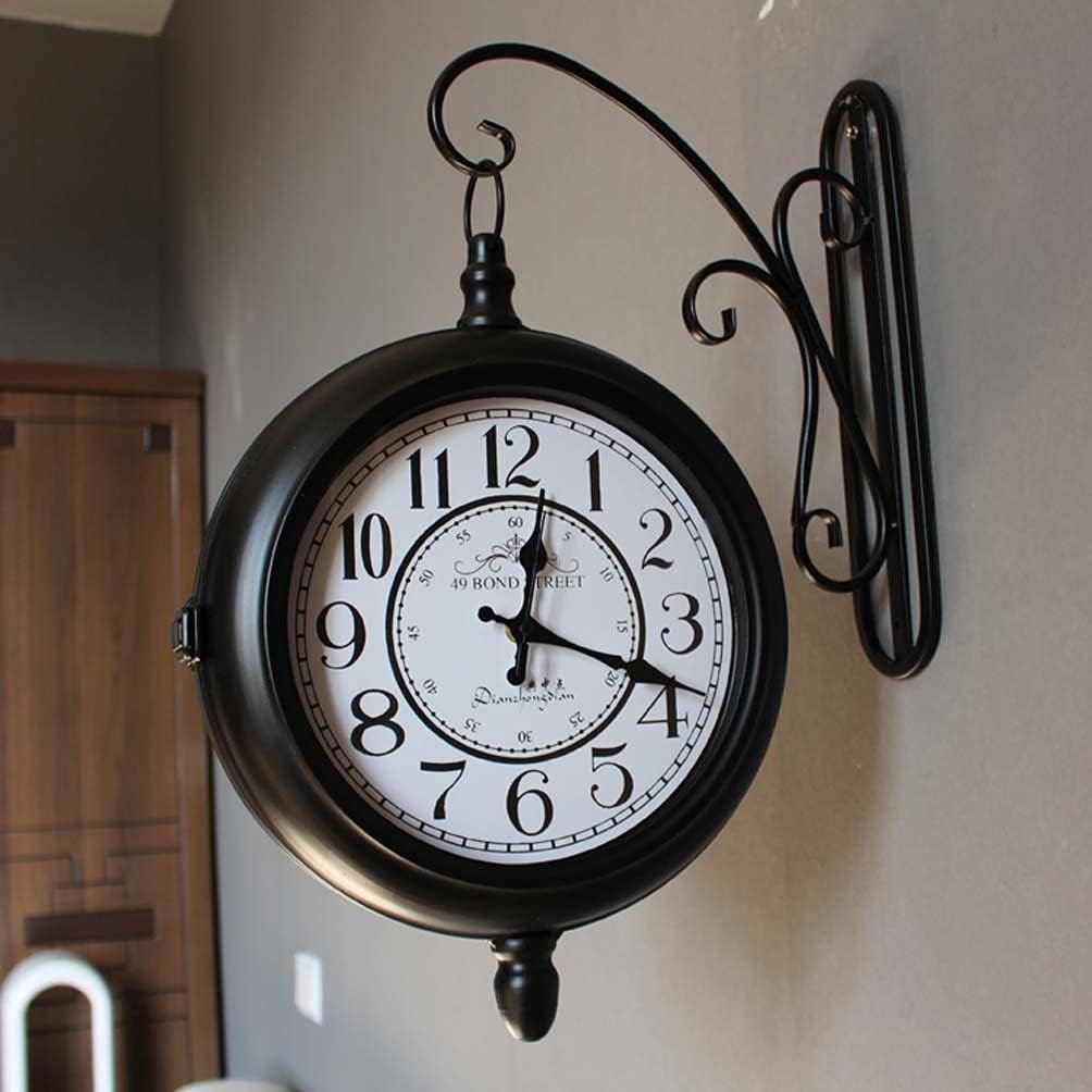 Wall Clock Retro Wrought Iron Double-Sided Station Clock Living Room Mute Wall Hanging Watch Black