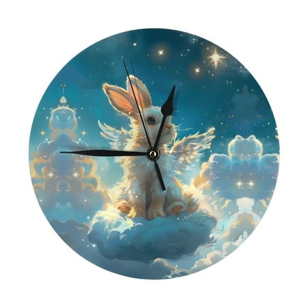 Wall Clocks Battery Operated, Cute Angel Winged Rabbit 9.8 Inch Silent Non Ticking Decorative Large Wall Clock, Wall Clock for Living Room Bathroom Kitchen Bedroom Wall Decor