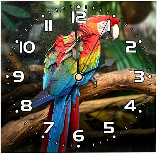 Wall Clocks Battery Operated,Modern Clocks,Forest Colored Macaw Parrot,Square Silent Clock 7.87 in