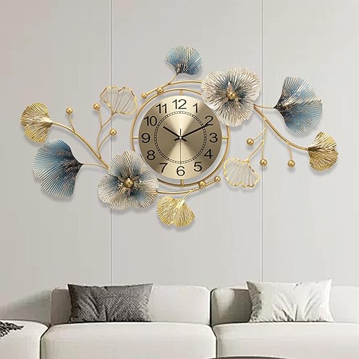 Wall Clocks for Living Room Decor, Large Wall Clock, 360° Rotate Modern Metal Ginkgo Leaf Silent Decoration Wall Clock for Living Room Bedroom Home (33x19in)