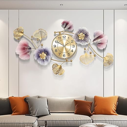 Wall Clocks for Living Room Decor,Large Wall Clock,3D Creative Metal Ginkgo Leaf Design,with Silent Movement Wall Clocks for Home Wall Decor Clock（35"x20"）