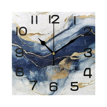 Wall Clock Square Silent Non-Ticking Blue Marble with Gold Retro Battery Operated Clock 7.78 inch Home Kitchen Office Decoration