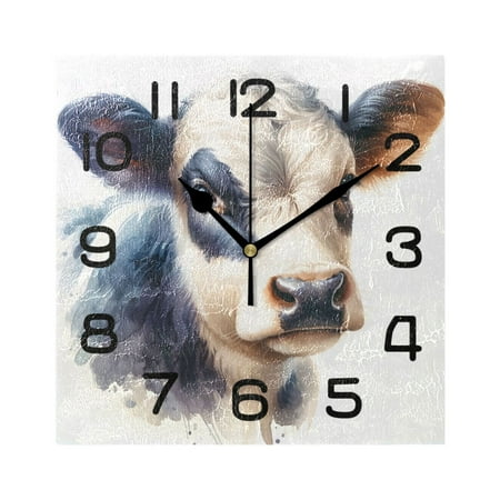 Wall Clock Square Silent Non-Ticking Cow Watercolor Retro Battery Operated Clock 7.78 inch Home Kitchen Office Decoration