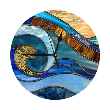 Wall Clock, Stained Glass Ocean Wave Wall Clocks Battery Operated Silent Kitchen Office Wall Clock Decorative, Wall Clock for School Classroom Living Room Bedroom Home Decor