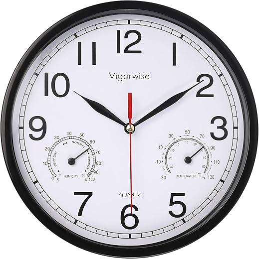 Wall Clock, Sweep Silent Movement Accurate Clocks with Temperature & Humidity, Decorative for Kitchen/Living Room/Bedroom/Office/School/Classroom (Black, 8 inch)