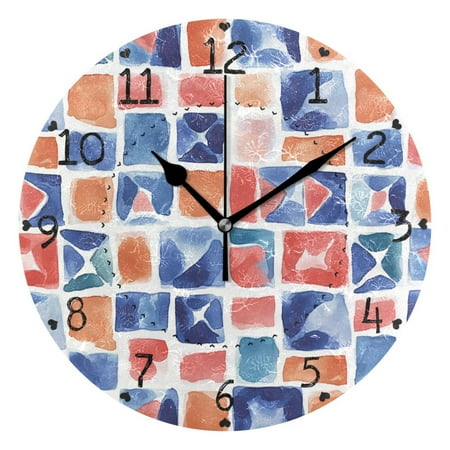 Watercolor Mosaic Tiles Round Wall Clock Silent Battery Operated Home Decor for Living Room Bedroom