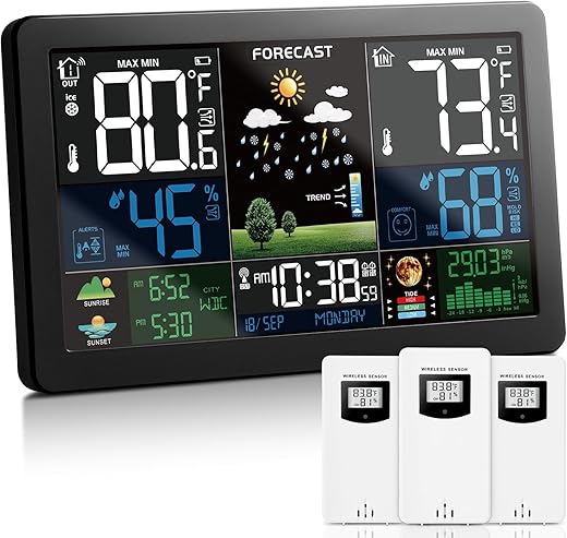 Weather Station Wireless Indoor Outdoor Thermometer with 3 Remote Sensors and Color Display Atomic Clock, Weather Thermometer Forecast Station with Sunrise Sunset Time and Tide Level