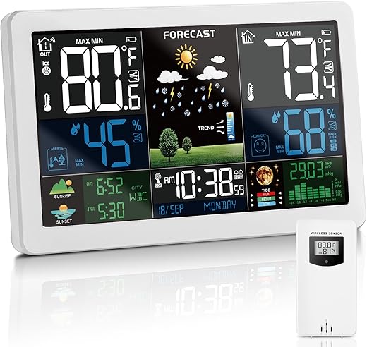 Weather Station Wireless Indoor Outdoor Thermometer with Color Display Atomic Clock, Weather Thermometer Forecast Station with Sunrise Sunset Time and Tide Level, White