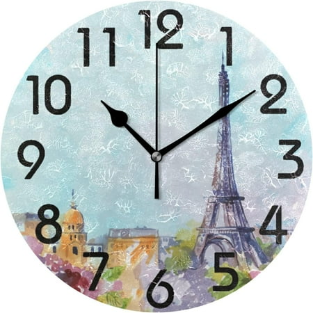 Wellsay Paris Beautiful Painting Eiffel Tower Round Wall Clock, 9.5 Inch Battery Operated Quartz Analog Quiet Desk Clock for Home,Office,School,Kitchen