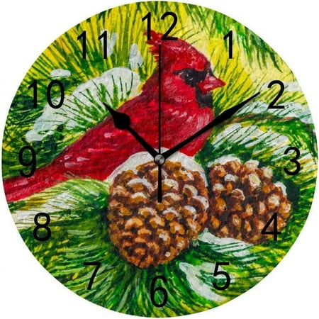 Wellsay Red Cardinal Bird Wall Clock Silent Non-Ticking Battery Operated Quartz Acrylic Decorative Round Clocks 9.8 in Garden Home Decor