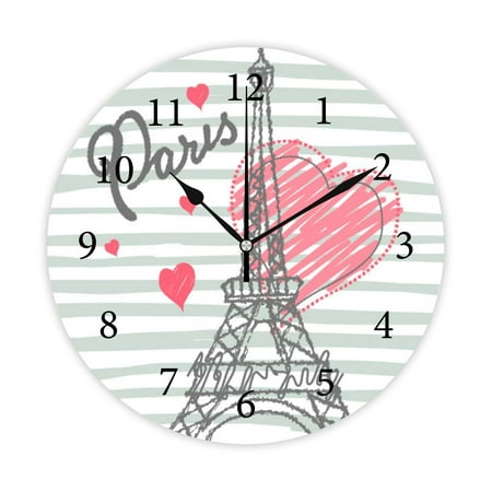 Wellsay Round Wall Clock, Abstract Slogan with Eiffel Tower 10in Battery Operated Quartz Analog Quiet Desk Clock for Home,Kitchen,Office,School