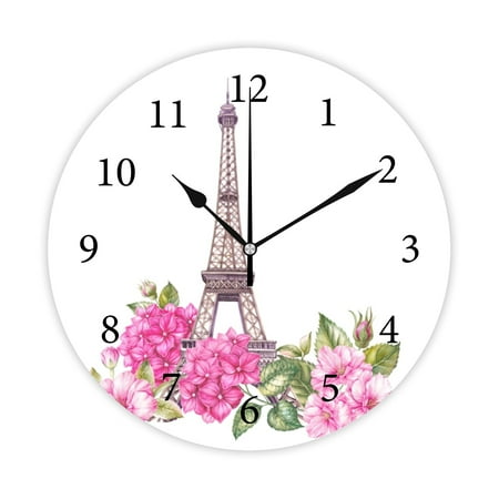 Wellsay Round Wall Clock, Eiffel Tower Spring 10in Battery Operated Quartz Analog Quiet Desk Clock for Home,Kitchen,Office,School