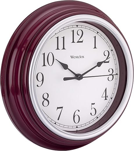 Westclox Quartz Movement Round Wall Clock, Contemporary Analog Design, Battery-Powered for Indoor Use (Burgundy, 9 Inch)