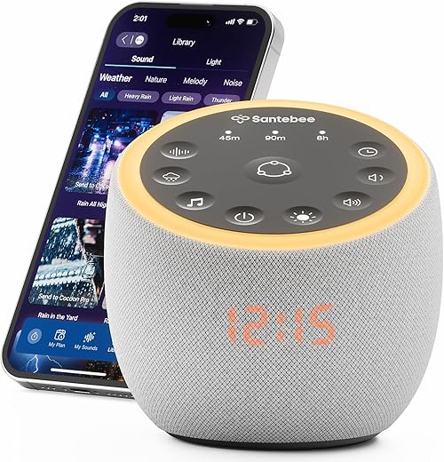 White Noise Sound Machine for Sleeping, 361 Soothing Sounds, Smart APP Control, Non Looping Natural Sounds, Bedside Dimmable Timer, Night Light Alarm Clock for Baby Adults Kids Lullaby, Custom Buttons