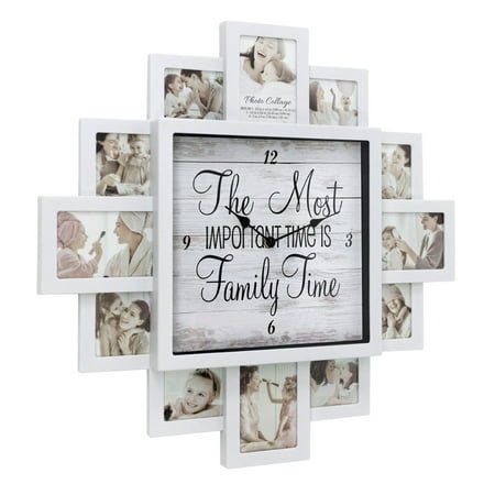 White Picture Frame Photo Collage Clock - 12 Slots, Farmhouse Wall Decor, Wall Clock for Living Room, Bedroom, Kitchen, Office (Family Time, 20x20)