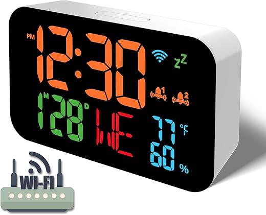 WiFi Clock, Small Atomic Clock, Automatic Time Calibration, with Clock Area Temperature Humidity, Date, Day of The Week, Adjustable Brightness, with Smart Life APP