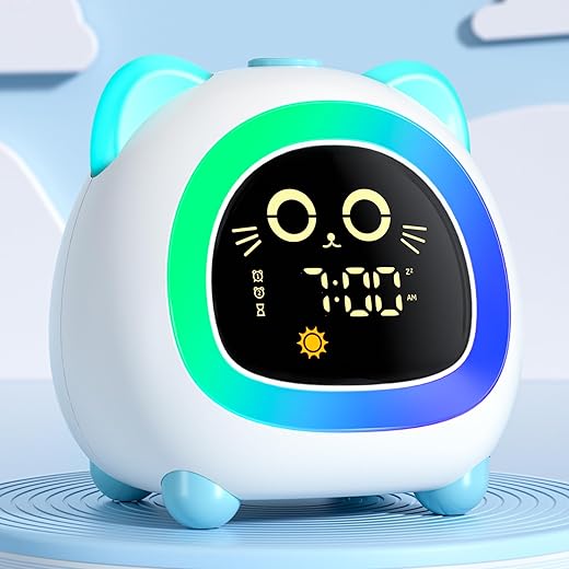 winshine Kids Alarm Clock Cat, OK to Wake Clock with Night Light for Kids, Stay in Bed Clock Sleep Training, Nap Timer, Cute Kids Room Decor, Gift Ideas for Kids Toddler Boy Girl (Blue)