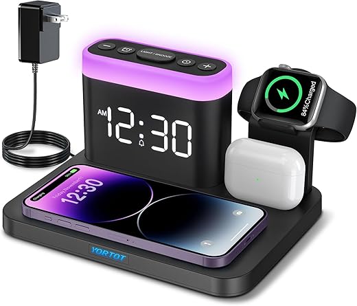 Wireless Charging Station, 5 in 1 Wireless Charger Stand with Alarm Clock, 7 Night Lights, Charging Dock for iPhone16/15/14/13/12/11/Pro/Max/XR/Samsung Phone, Apple Watch 9/8/7/6/5/SE, AirPods/3/2/1