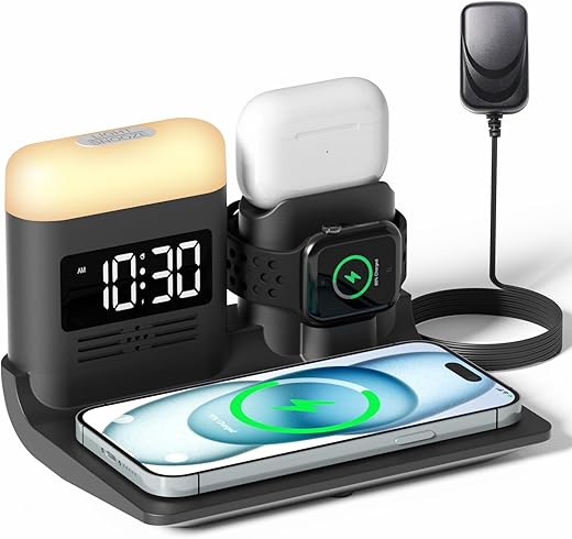 Wireless Charging Station for Apple Devices, 5 in 1 Wireless Charger Stand with Alarm Clock and Light, Charging Dock for iPhone 15 14 13 12 11 X Pro Max, Apple Watch 9/8/7/6/5/4/3/2/SE, AirPods 3/2/1