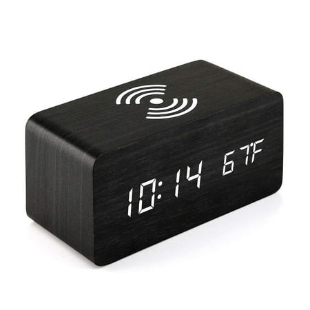 Wooden Alarm Clock with Qi Wireless Charging Pad Compatible with iPhone Samsung Wood LED Digital Clock Sound Control Function, Time Date, Temperature Display for Bedroom Office Home