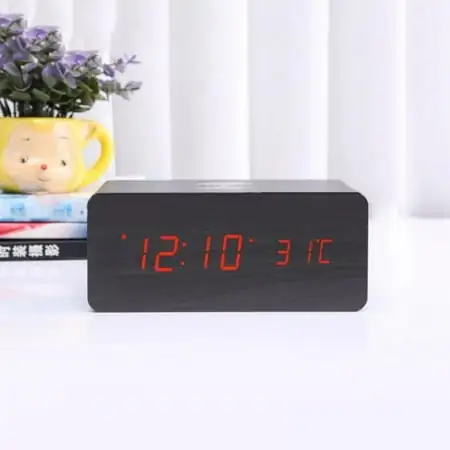 Wooden Alarm Clock with Qi Wireless Charging Pad Compatible with iPhone Samsung Wood LED Digital Clock Sound Control Function, Time Date, Temperature Display for Bedroom Office Home