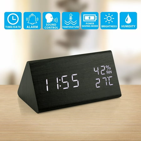 Wooden Alarm Clock, Wood LEDDesk Clock, UPGRADED With Time Temperature, Adjustable Brightness, 3 Set of Alarm and Voice Control, Humidity Displaying - Black