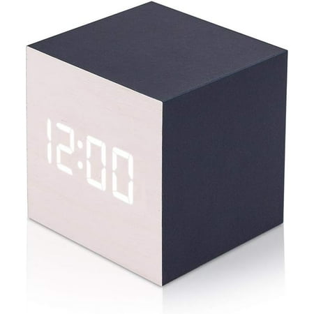 Wooden Alarm Clock Wood LED Square Cube Digital Thermometer Timer Calendar Brighter LED-Blue