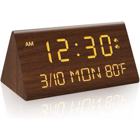 Wooden Digital Alarm Clock, 0-100% Dimmer, 2 Alarm Settings, Weekday/Everyday Mode, 9 Mins Snooze, 12/24H, Temperature and Date Display for Office, Travel, Bedroom Alarm Clock (White)