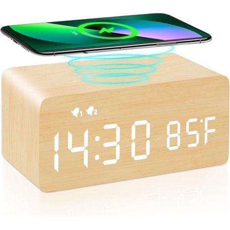 Wooden Digital Alarm Clock for Bedroom, Bedside, Desk, Table, Phone Charger Clock with Wireless Charging, Dimmable, LED Temperature Display etc