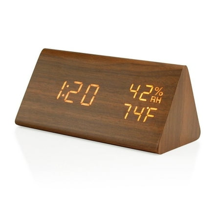 Wooden Digital Alarm Clock, LED Desk Clock with Time Temperature, Adjustable Brightness, Voice Control, and Humidity Displaying - Brown