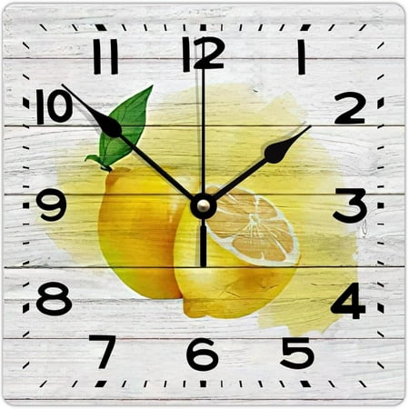 Wooden Wall Clock Fruits and Rustic Wood Lemon Battery Operated Square Wall Clock Stylish Classical Style Wood Clock Wall Decor Home Decor Clock for Bedroom Dining Room Dining Room 15 Inch