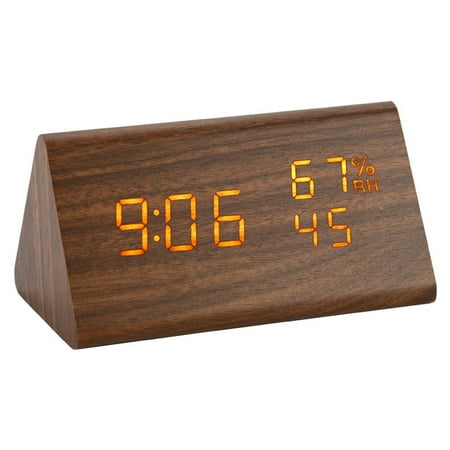 Wooden Wood Clock , New Version LED Alarm Digital Desk Clock Adjustable Brightness, Alarm Time, Displays Time Date Temperature,brown，G169881