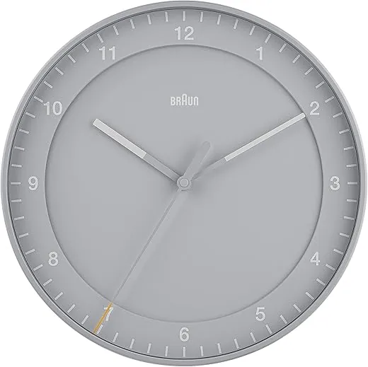 Braun Classic Large Analogue Wall Clock with Silent Sweep Movement, Easy to Read, 30cm Diameter in Grey, Model BC17G.