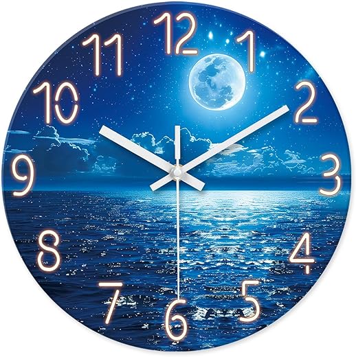 XFM Analog Blue Moon Wall Clock Silent Non-Ticking - Lake Decorative Wall Clock Battery Operated 12 Inch - Glass Cloud Wall Clock for Kitchen - Natural Landscape Wall Clock