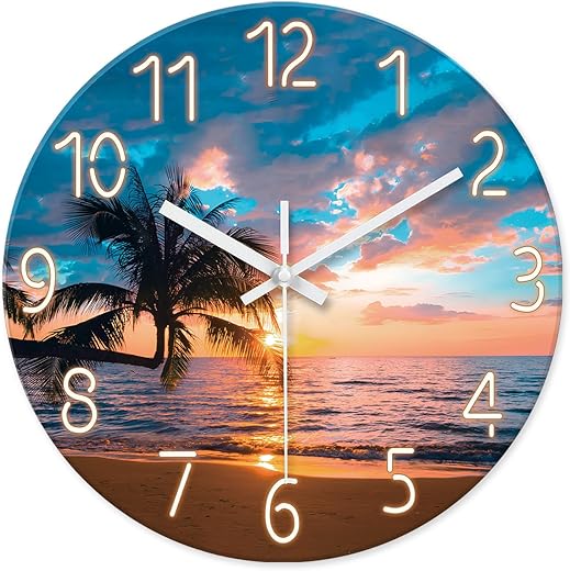 XFM Blue Nautical Beach Wall Clocks Battery Operated - Palm Tree Bathroom Clock 12 Inch - Round Glass Silent Wall Clock Non Ticking - Sunset Clock