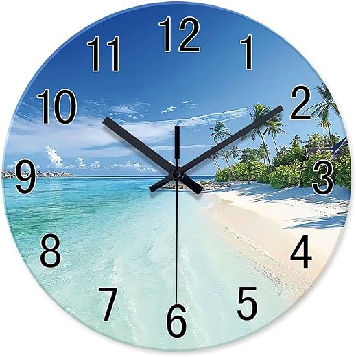 XFM Round Coastal Wall Clock Battery Operated 12 Inch - Silent Wall Clock - Glass Blue Beach Wall Clock for Bedroom - Palm Trees Bathroom Wall Clock