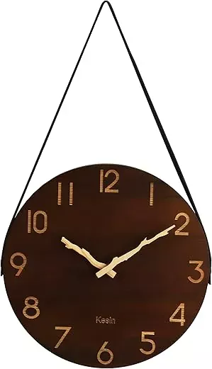 Kesin Wall Clock 12 Inch Silent Wooden Wall Clock Battery Operated Hand Made Retro Fashion Clock with Rope Hanging Decorative for Living Room Kitchen Bedroom Office