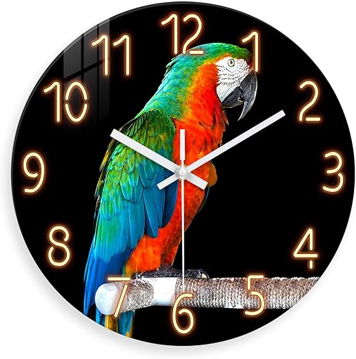 XNM Colorful Parrot Bird Wall Clock for Living Room Office - Glass Large 16 Inch Wall Clocks Battery Operated - Animal Farmhouse Wall Clock Silent