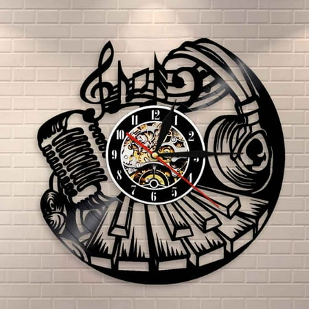 YanGxx Musical Wall Clock Rock and Roll Wall Art Vinyl Record Clock Music Instrument Piano Wall Decor Microphone Headset Vinyl Clock