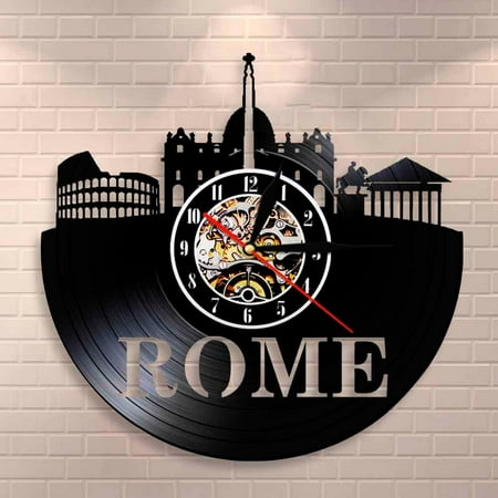 YanGxx Rome Skyline Wall Clock Italy Capital Cityscape Vinyl Record Wall Clock Rome Landmarks Silhouette Wall Art Decorative Wall Watch