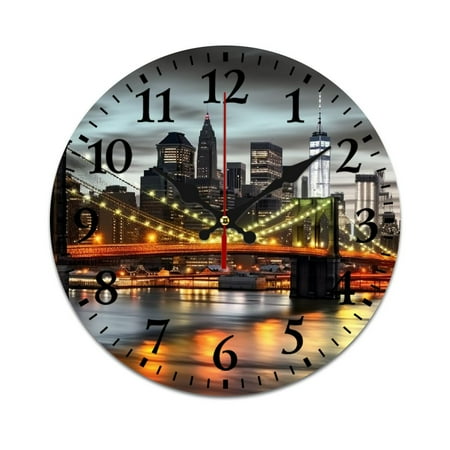 YANMS City Skyline Bridge River Fashionable PVC Wall Clock Home Bedroom and Office Silent Sweep Movement Decorative Clock PVC Living Room 25cm/9.84in