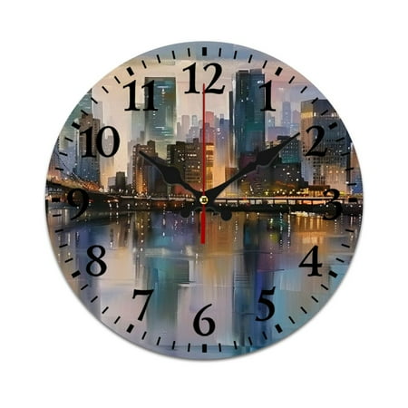 YANMS City Skyline Bridge River Fashionable PVC Wall Clock Silent Sweep Movement Decorative Living Room Clock 25cm/9.84in