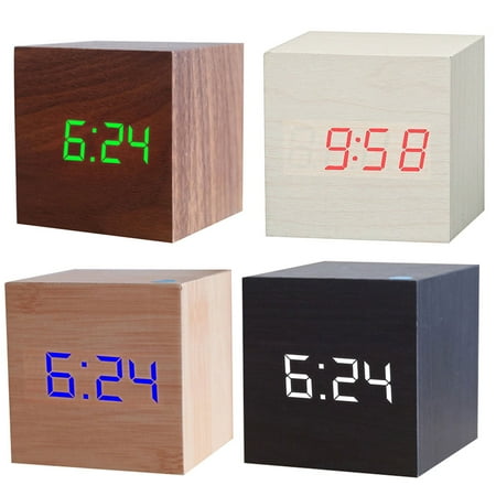 Yesbay Wooden Square Digital LED USB Desk Alarm Clock Table Voice Control Decoration,Brown Wood Blue Figure