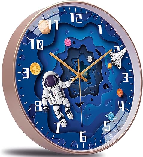 YHan 12 Inch Silent Movement Kids Wall Clock Battery Operated, Non Ticking Children Round Wall Clock, Space Travel Style Decor Children Clock for Home School Boys Bedroom Living Room (Blue)