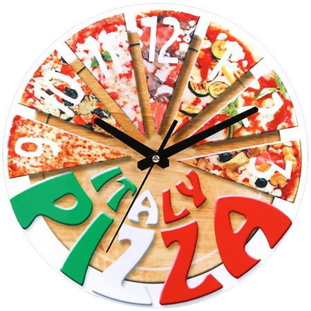 Youliang Unique Round Wall Clock Funny Pizza Pattern Hanging Clock Western Restaurant Wall Decor